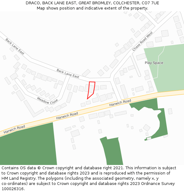 DRACO, BACK LANE EAST, GREAT BROMLEY, COLCHESTER, CO7 7UE: Location map and indicative extent of plot