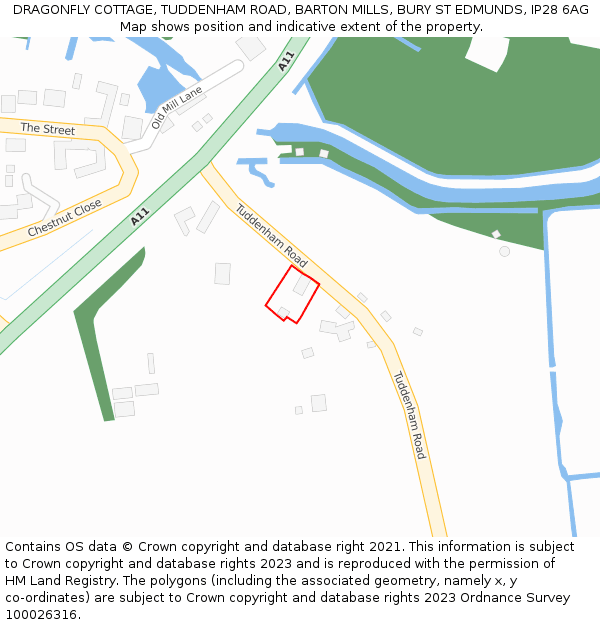 DRAGONFLY COTTAGE, TUDDENHAM ROAD, BARTON MILLS, BURY ST EDMUNDS, IP28 6AG: Location map and indicative extent of plot