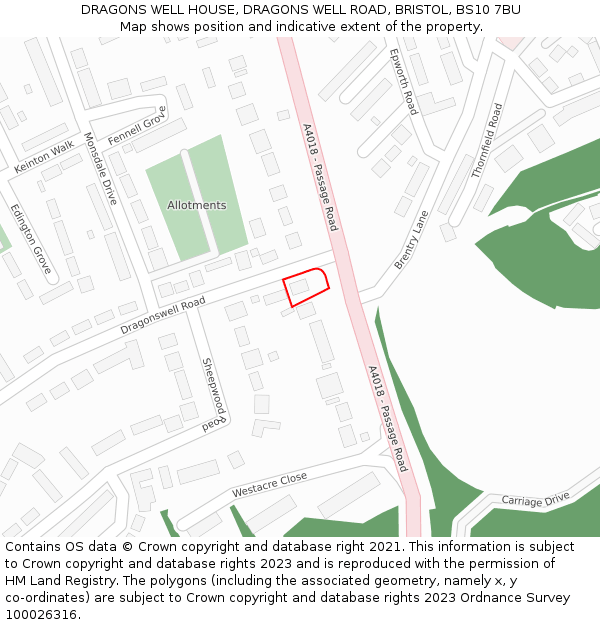DRAGONS WELL HOUSE, DRAGONS WELL ROAD, BRISTOL, BS10 7BU: Location map and indicative extent of plot