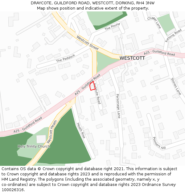 DRAYCOTE, GUILDFORD ROAD, WESTCOTT, DORKING, RH4 3NW: Location map and indicative extent of plot