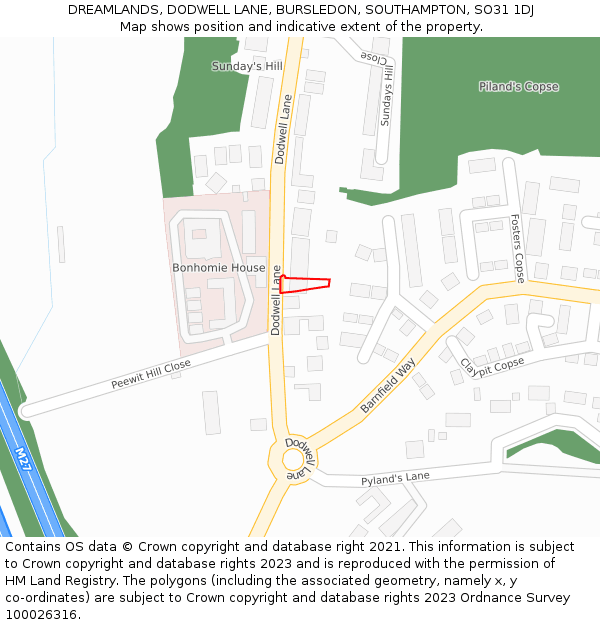 DREAMLANDS, DODWELL LANE, BURSLEDON, SOUTHAMPTON, SO31 1DJ: Location map and indicative extent of plot