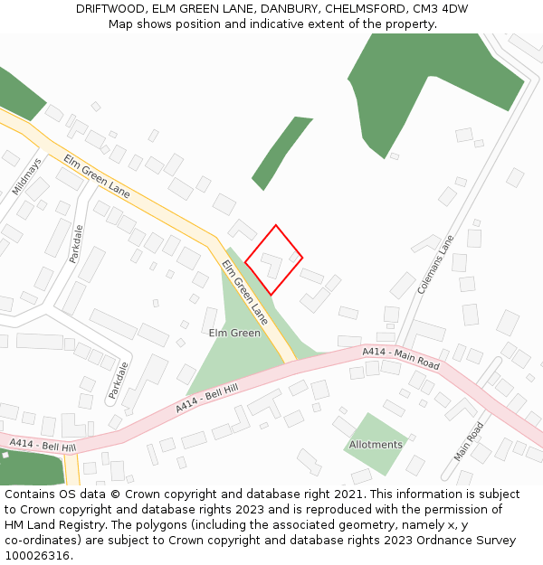 DRIFTWOOD, ELM GREEN LANE, DANBURY, CHELMSFORD, CM3 4DW: Location map and indicative extent of plot