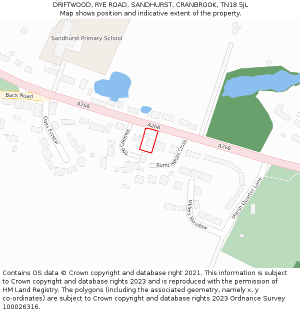 DRIFTWOOD, RYE ROAD, SANDHURST, CRANBROOK, TN18 5JL: Location map and indicative extent of plot