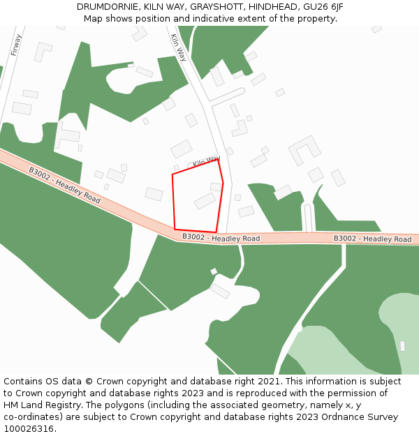 DRUMDORNIE, KILN WAY, GRAYSHOTT, HINDHEAD, GU26 6JF: Location map and indicative extent of plot