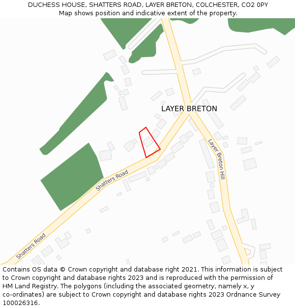 DUCHESS HOUSE, SHATTERS ROAD, LAYER BRETON, COLCHESTER, CO2 0PY: Location map and indicative extent of plot