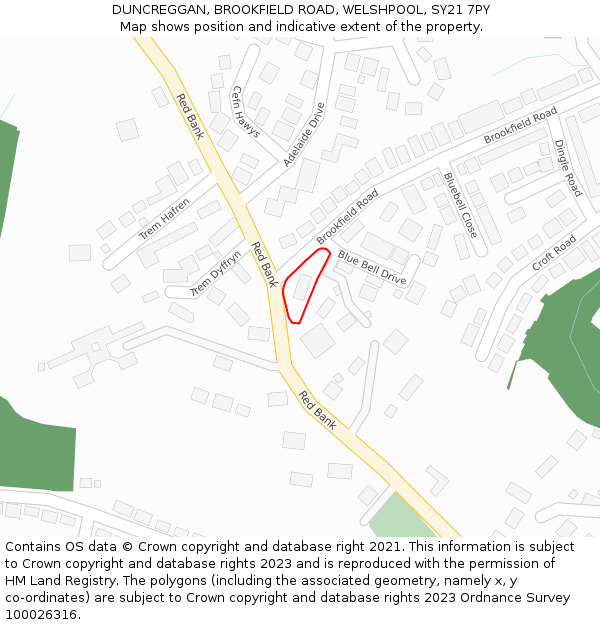 DUNCREGGAN, BROOKFIELD ROAD, WELSHPOOL, SY21 7PY: Location map and indicative extent of plot