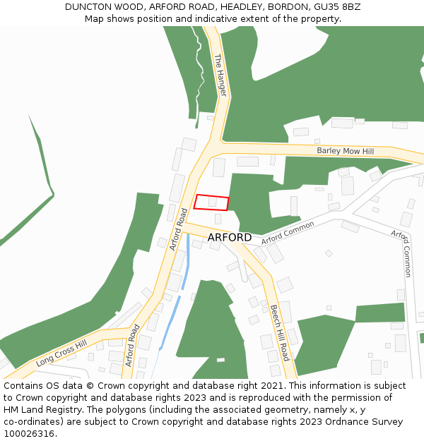 DUNCTON WOOD, ARFORD ROAD, HEADLEY, BORDON, GU35 8BZ: Location map and indicative extent of plot