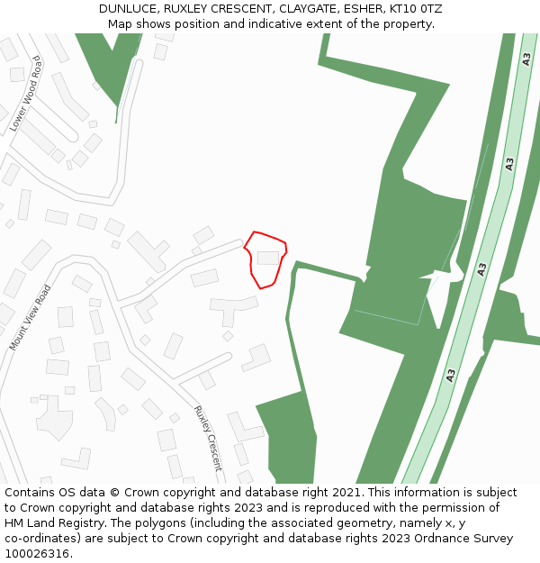 DUNLUCE, RUXLEY CRESCENT, CLAYGATE, ESHER, KT10 0TZ: Location map and indicative extent of plot