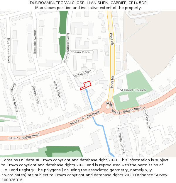 DUNROAMIN, TEGFAN CLOSE, LLANISHEN, CARDIFF, CF14 5DE: Location map and indicative extent of plot