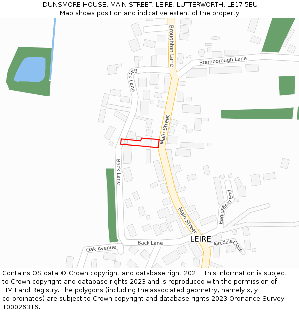 DUNSMORE HOUSE, MAIN STREET, LEIRE, LUTTERWORTH, LE17 5EU: Location map and indicative extent of plot