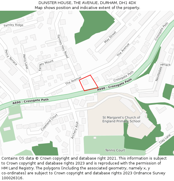 DUNSTER HOUSE, THE AVENUE, DURHAM, DH1 4DX: Location map and indicative extent of plot