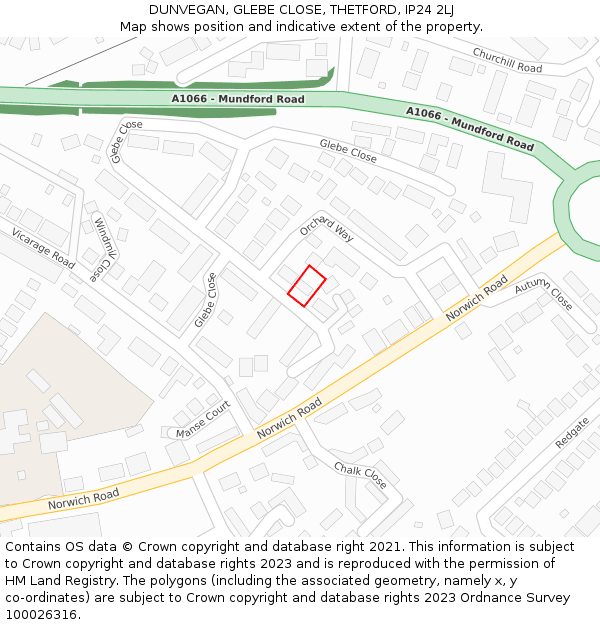 DUNVEGAN, GLEBE CLOSE, THETFORD, IP24 2LJ: Location map and indicative extent of plot