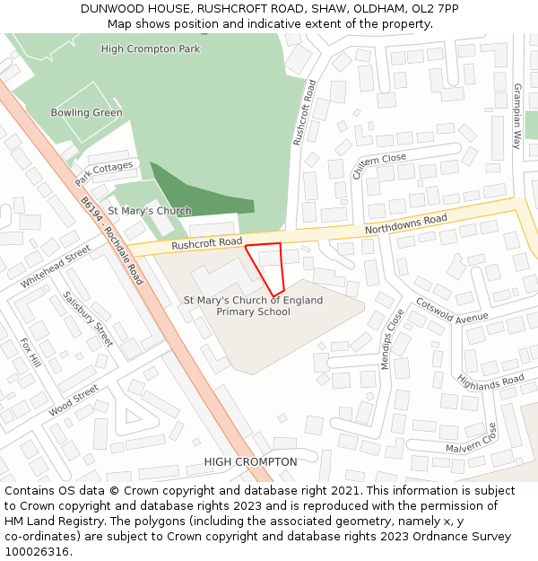 DUNWOOD HOUSE, RUSHCROFT ROAD, SHAW, OLDHAM, OL2 7PP: Location map and indicative extent of plot