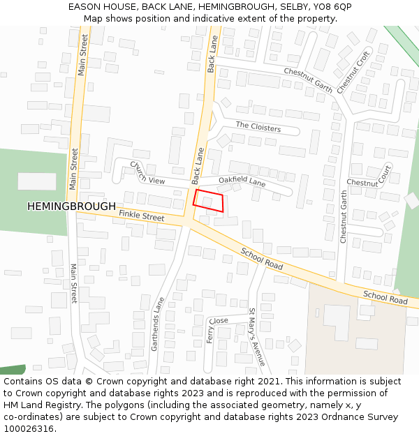 EASON HOUSE, BACK LANE, HEMINGBROUGH, SELBY, YO8 6QP: Location map and indicative extent of plot