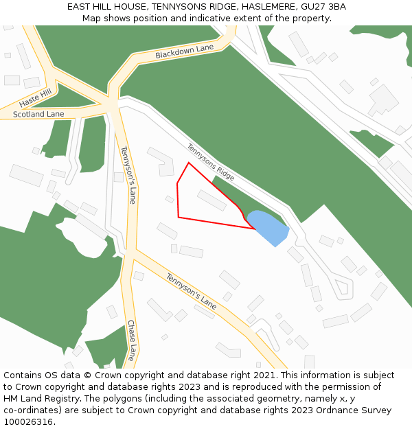 EAST HILL HOUSE, TENNYSONS RIDGE, HASLEMERE, GU27 3BA: Location map and indicative extent of plot