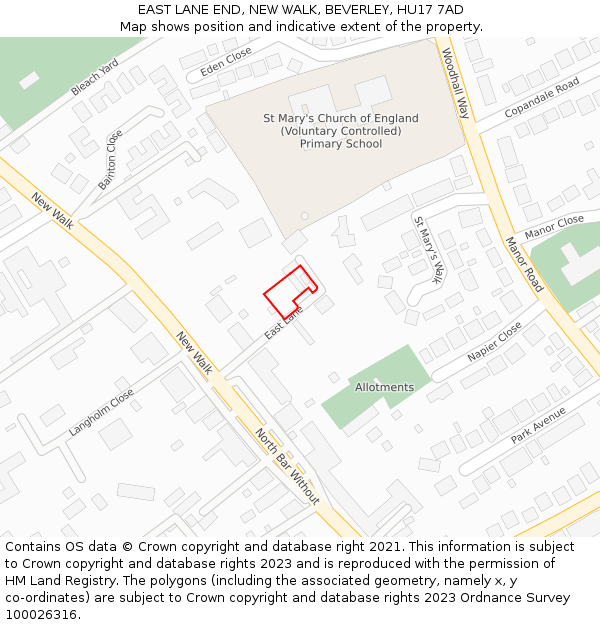 EAST LANE END, NEW WALK, BEVERLEY, HU17 7AD: Location map and indicative extent of plot