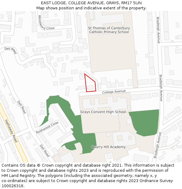 EAST LODGE, COLLEGE AVENUE, GRAYS, RM17 5UN: Location map and indicative extent of plot