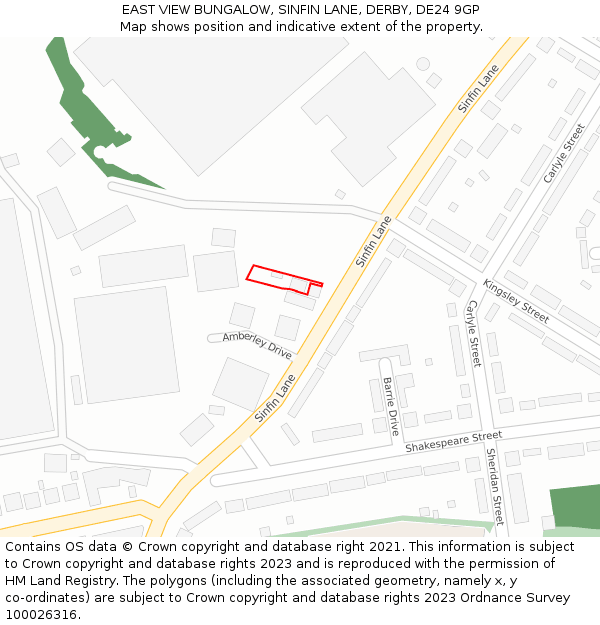 EAST VIEW BUNGALOW, SINFIN LANE, DERBY, DE24 9GP: Location map and indicative extent of plot