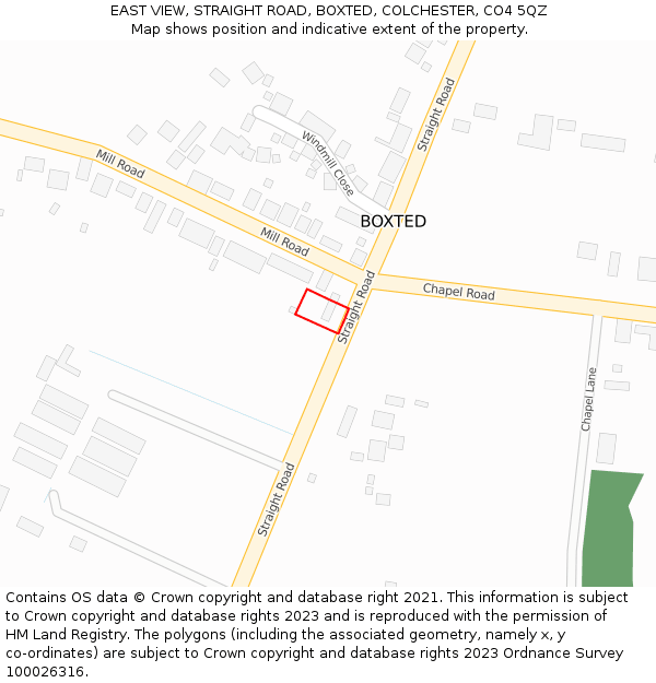 EAST VIEW, STRAIGHT ROAD, BOXTED, COLCHESTER, CO4 5QZ: Location map and indicative extent of plot