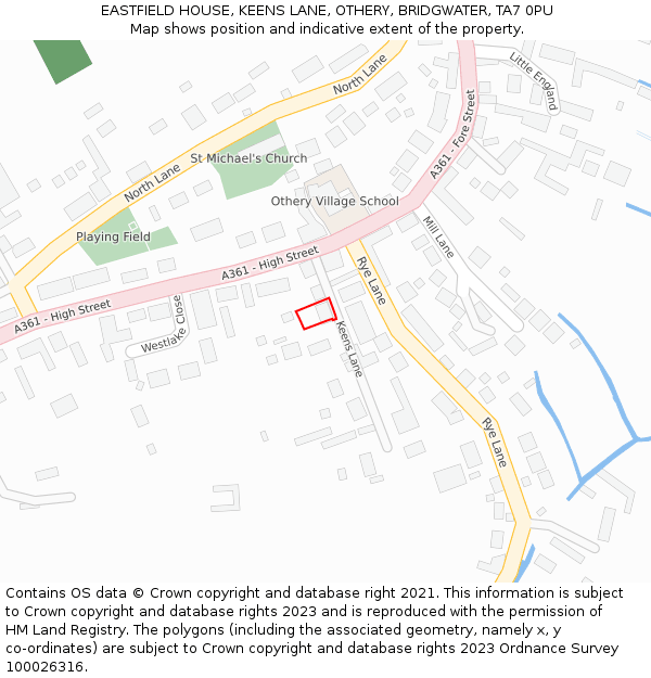 EASTFIELD HOUSE, KEENS LANE, OTHERY, BRIDGWATER, TA7 0PU: Location map and indicative extent of plot