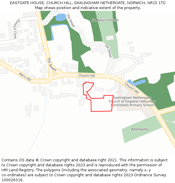 EASTGATE HOUSE, CHURCH HILL, SAXLINGHAM NETHERGATE, NORWICH, NR15 1TD: Location map and indicative extent of plot