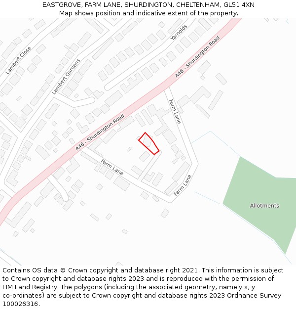 EASTGROVE, FARM LANE, SHURDINGTON, CHELTENHAM, GL51 4XN: Location map and indicative extent of plot