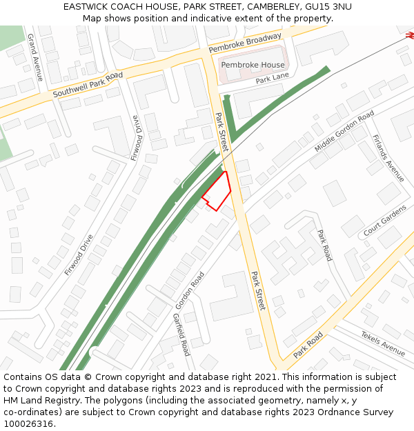 EASTWICK COACH HOUSE, PARK STREET, CAMBERLEY, GU15 3NU: Location map and indicative extent of plot