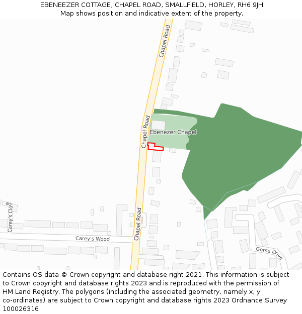 EBENEEZER COTTAGE, CHAPEL ROAD, SMALLFIELD, HORLEY, RH6 9JH: Location map and indicative extent of plot