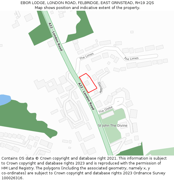 EBOR LODGE, LONDON ROAD, FELBRIDGE, EAST GRINSTEAD, RH19 2QS: Location map and indicative extent of plot