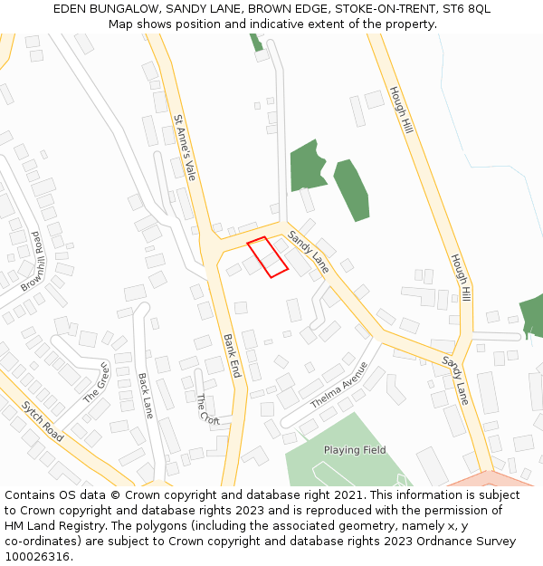 EDEN BUNGALOW, SANDY LANE, BROWN EDGE, STOKE-ON-TRENT, ST6 8QL: Location map and indicative extent of plot