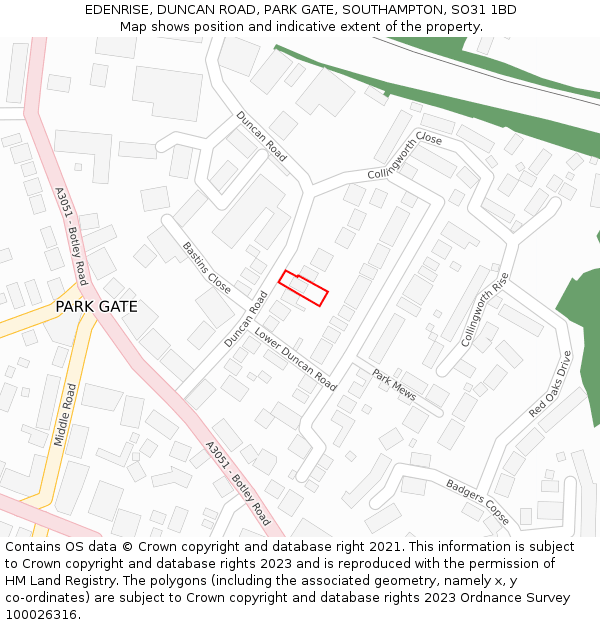 EDENRISE, DUNCAN ROAD, PARK GATE, SOUTHAMPTON, SO31 1BD: Location map and indicative extent of plot