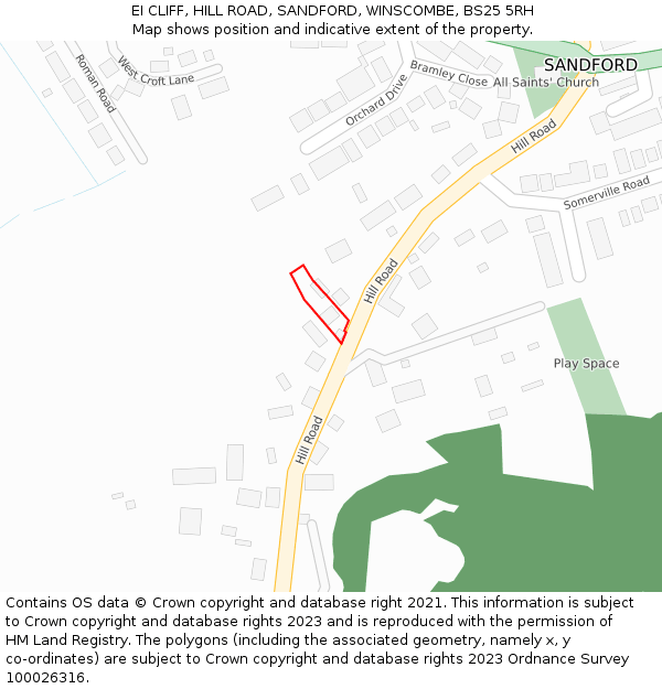 EI CLIFF, HILL ROAD, SANDFORD, WINSCOMBE, BS25 5RH: Location map and indicative extent of plot