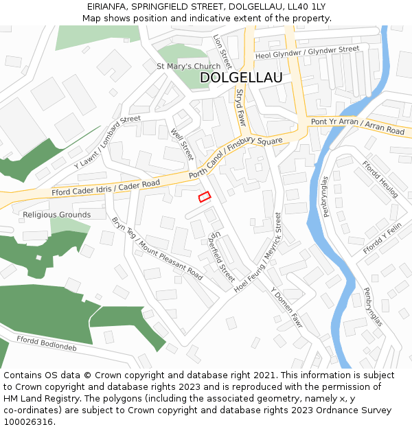 EIRIANFA, SPRINGFIELD STREET, DOLGELLAU, LL40 1LY: Location map and indicative extent of plot