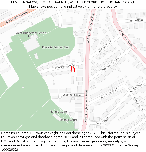 ELM BUNGALOW, ELM TREE AVENUE, WEST BRIDGFORD, NOTTINGHAM, NG2 7JU: Location map and indicative extent of plot