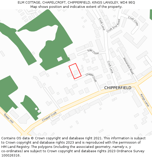 ELM COTTAGE, CHAPELCROFT, CHIPPERFIELD, KINGS LANGLEY, WD4 9EQ: Location map and indicative extent of plot