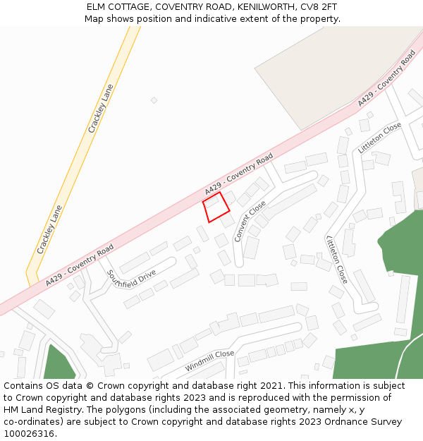 ELM COTTAGE, COVENTRY ROAD, KENILWORTH, CV8 2FT: Location map and indicative extent of plot