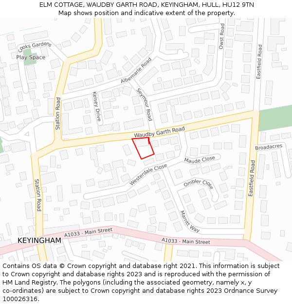 ELM COTTAGE, WAUDBY GARTH ROAD, KEYINGHAM, HULL, HU12 9TN: Location map and indicative extent of plot