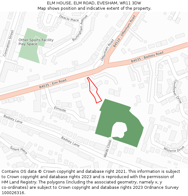 ELM HOUSE, ELM ROAD, EVESHAM, WR11 3DW: Location map and indicative extent of plot