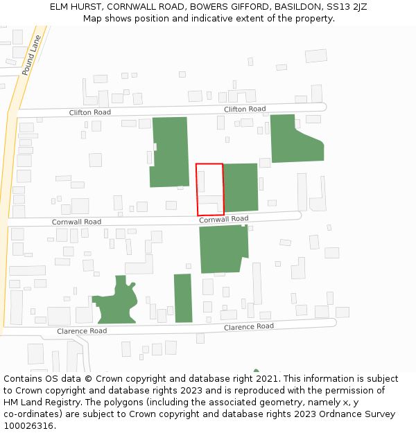 ELM HURST, CORNWALL ROAD, BOWERS GIFFORD, BASILDON, SS13 2JZ: Location map and indicative extent of plot