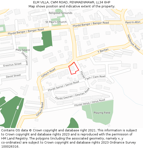 ELM VILLA, CWM ROAD, PENMAENMAWR, LL34 6HP: Location map and indicative extent of plot