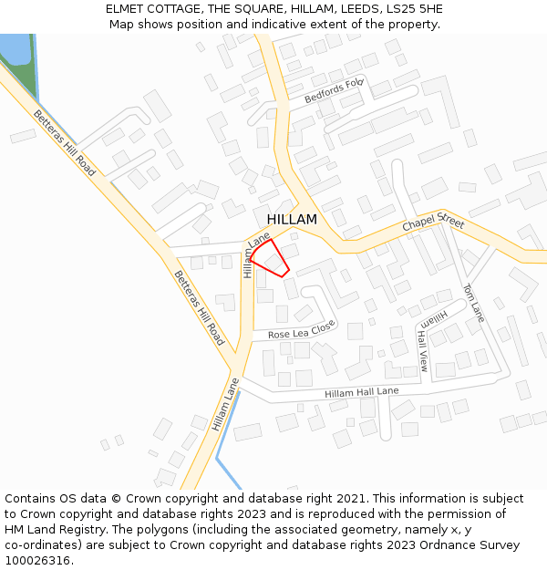 ELMET COTTAGE, THE SQUARE, HILLAM, LEEDS, LS25 5HE: Location map and indicative extent of plot