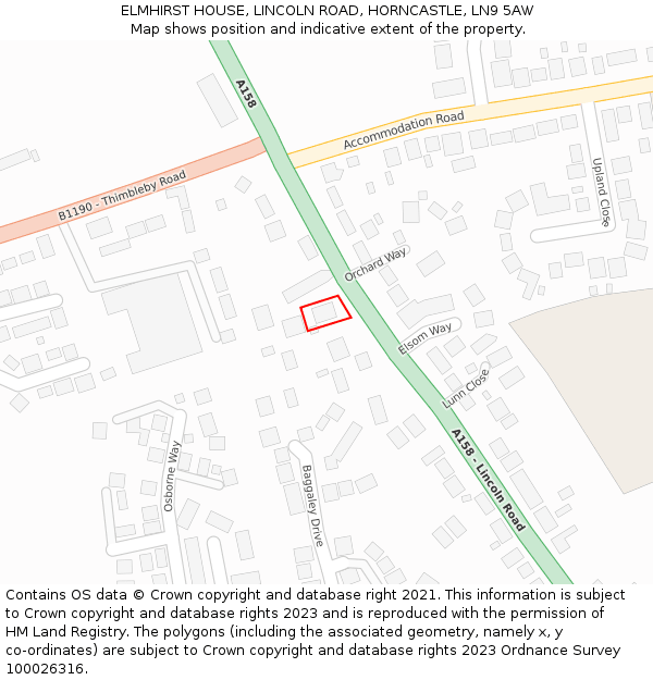 ELMHIRST HOUSE, LINCOLN ROAD, HORNCASTLE, LN9 5AW: Location map and indicative extent of plot