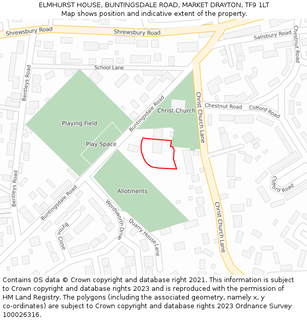 ELMHURST HOUSE, BUNTINGSDALE ROAD, MARKET DRAYTON, TF9 1LT: Location map and indicative extent of plot