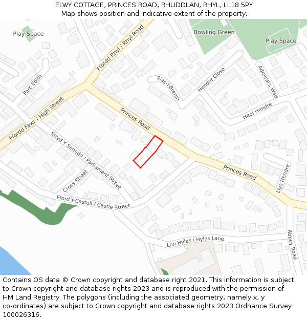 ELWY COTTAGE, PRINCES ROAD, RHUDDLAN, RHYL, LL18 5PY: Location map and indicative extent of plot