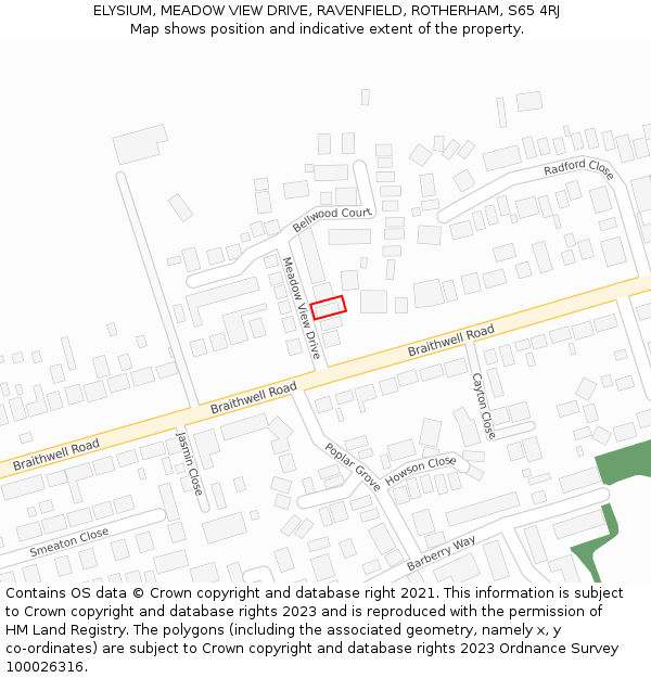 ELYSIUM, MEADOW VIEW DRIVE, RAVENFIELD, ROTHERHAM, S65 4RJ: Location map and indicative extent of plot