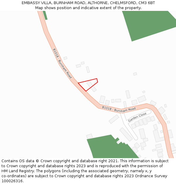 EMBASSY VILLA, BURNHAM ROAD, ALTHORNE, CHELMSFORD, CM3 6BT: Location map and indicative extent of plot