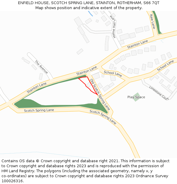 ENFIELD HOUSE, SCOTCH SPRING LANE, STAINTON, ROTHERHAM, S66 7QT: Location map and indicative extent of plot