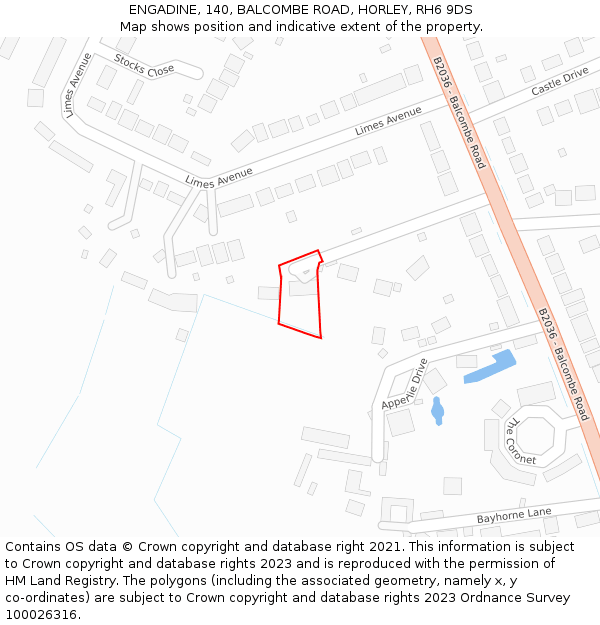 ENGADINE, 140, BALCOMBE ROAD, HORLEY, RH6 9DS: Location map and indicative extent of plot