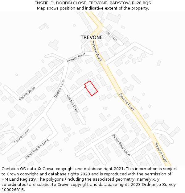 ENSFIELD, DOBBIN CLOSE, TREVONE, PADSTOW, PL28 8QS: Location map and indicative extent of plot