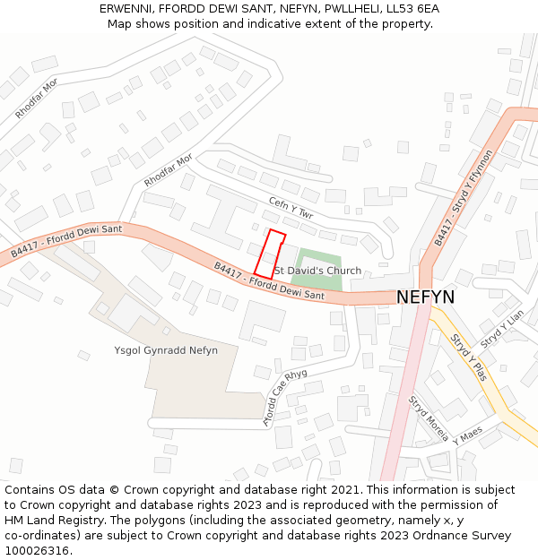 ERWENNI, FFORDD DEWI SANT, NEFYN, PWLLHELI, LL53 6EA: Location map and indicative extent of plot